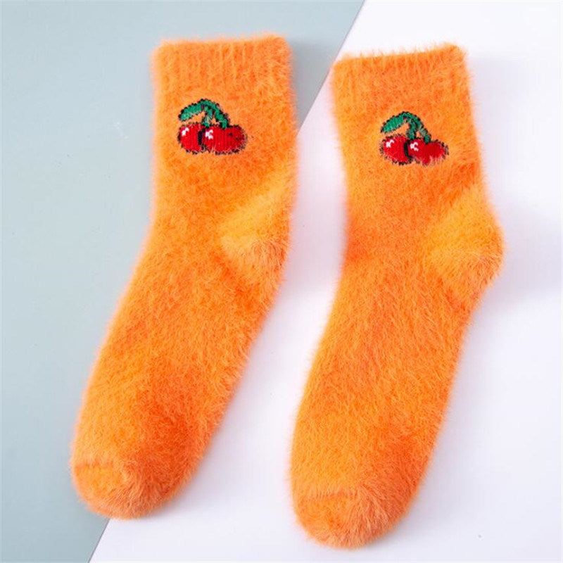 5 Pairs Kawaii Women Fruit Fluffy Socks Thermal Fuzzy Socks Female Ladies Fashion Warm Avocado Cherry Eggplant Floor Sleep Sock