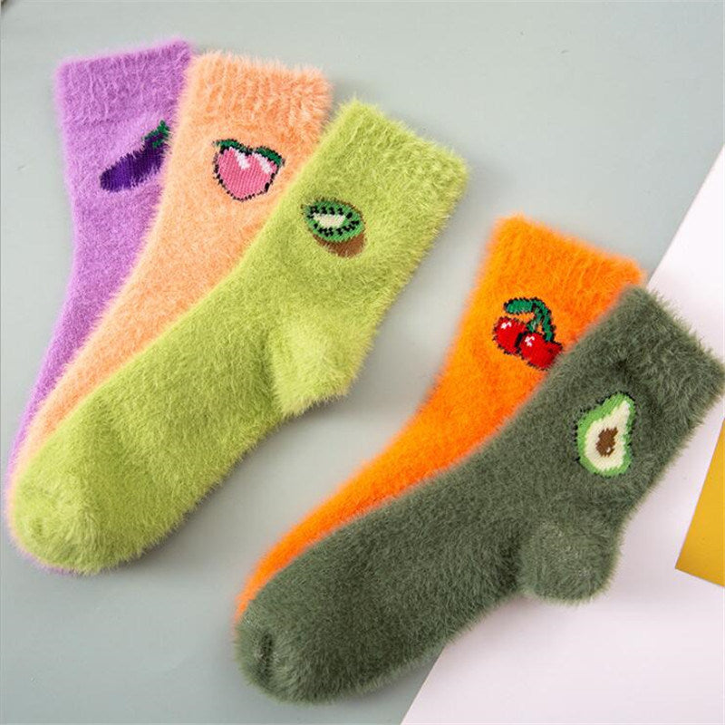 5 Pairs Kawaii Women Fruit Fluffy Socks Thermal Fuzzy Socks Female Ladies Fashion Warm Avocado Cherry Eggplant Floor Sleep Sock