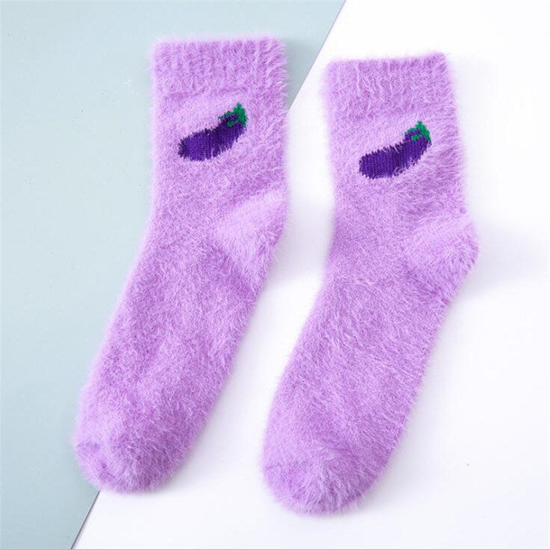 5 Pairs Kawaii Women Fruit Fluffy Socks Thermal Fuzzy Socks Female Ladies Fashion Warm Avocado Cherry Eggplant Floor Sleep Sock