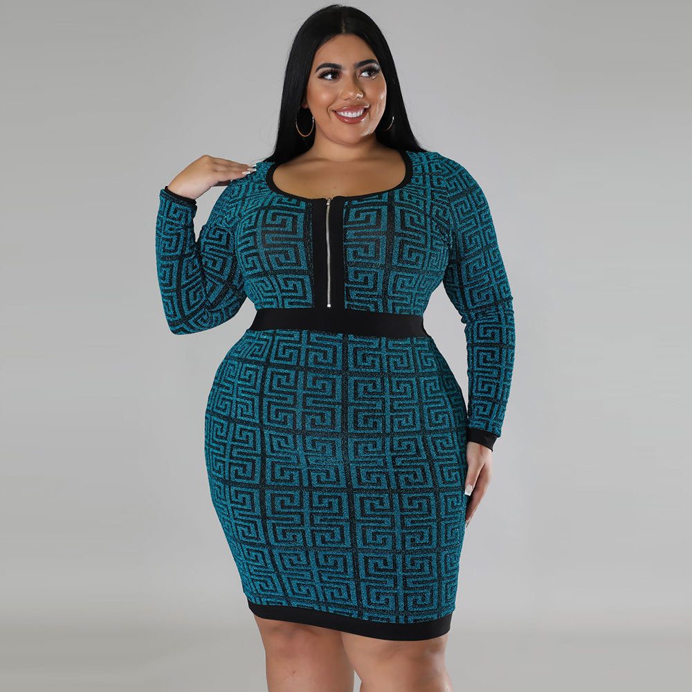 Fat Woman Plus Size Women's Stretch Geometric Tunic Dress