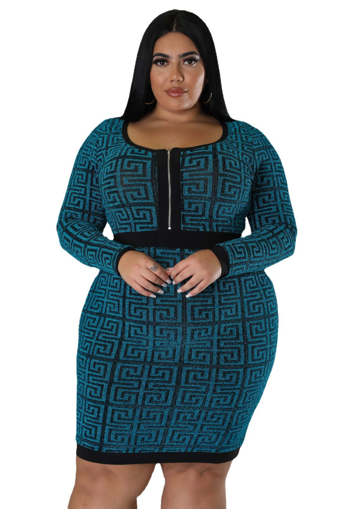 Fat Woman Plus Size Women's Stretch Geometric Tunic Dress