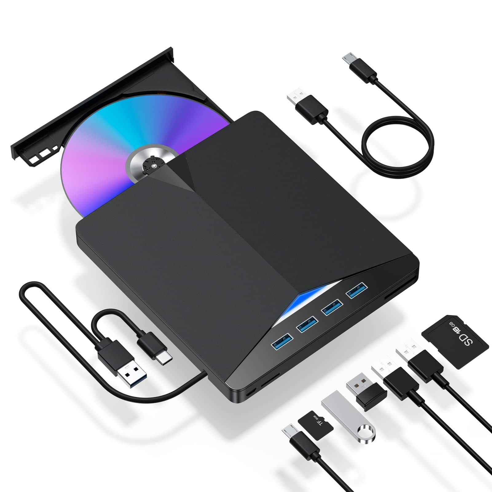 External CD/DVD Drive For Laptop; 7 In 1 USB 3.0 DVD Player Portable CD/DVD Burner; CD ROM External DVD Drive For Laptop With Laptop Desktop PC Windows 11/10/8/7 Linux Mac OS Compatible