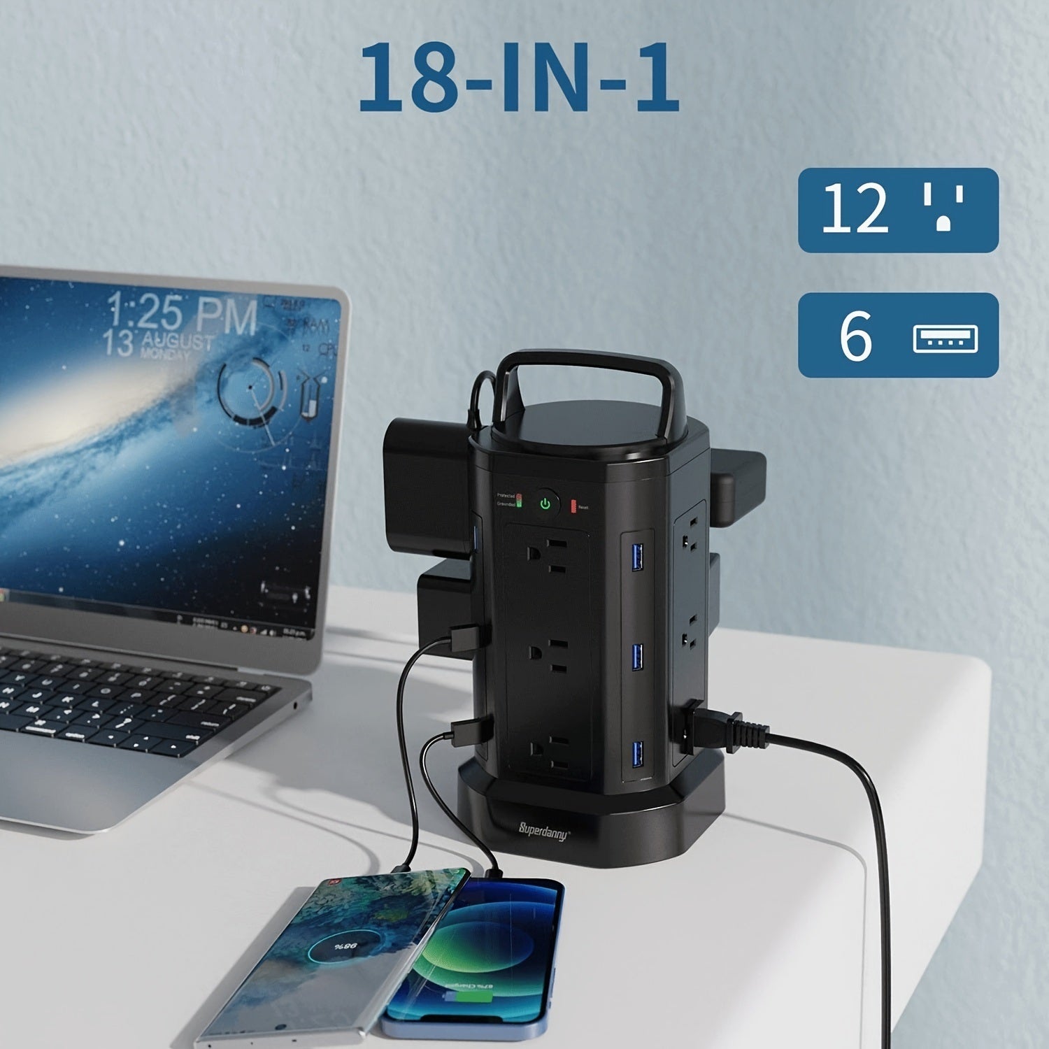 SUPERDANNY 12 Outlets 6 USB Power Strip Tower 6.5ft Long---MDL: QR1260-U