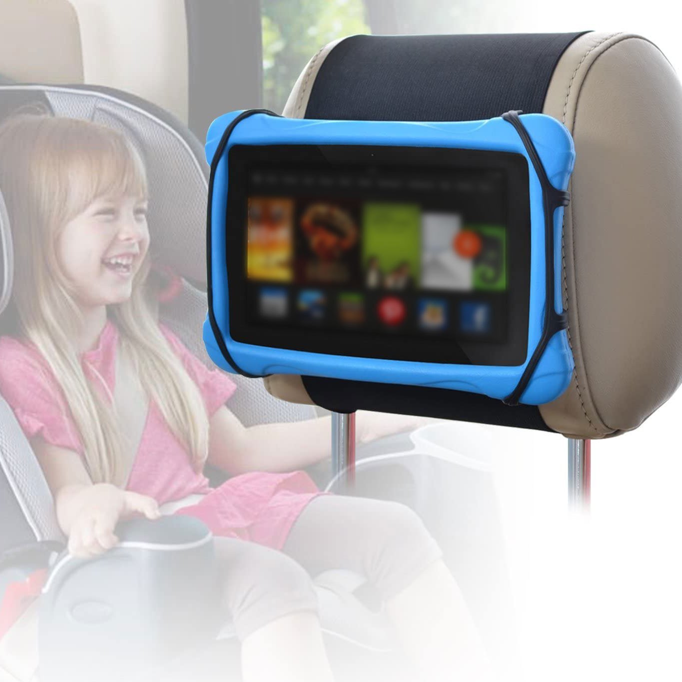 Car Headrest Mount Holder For Tablets ; Tablet Mount For Car Back Seat; Car Tablet Holder For Kids With Anti-Slip Strap & Silicone Holding Net/Fits All 7-12.9" Tablets