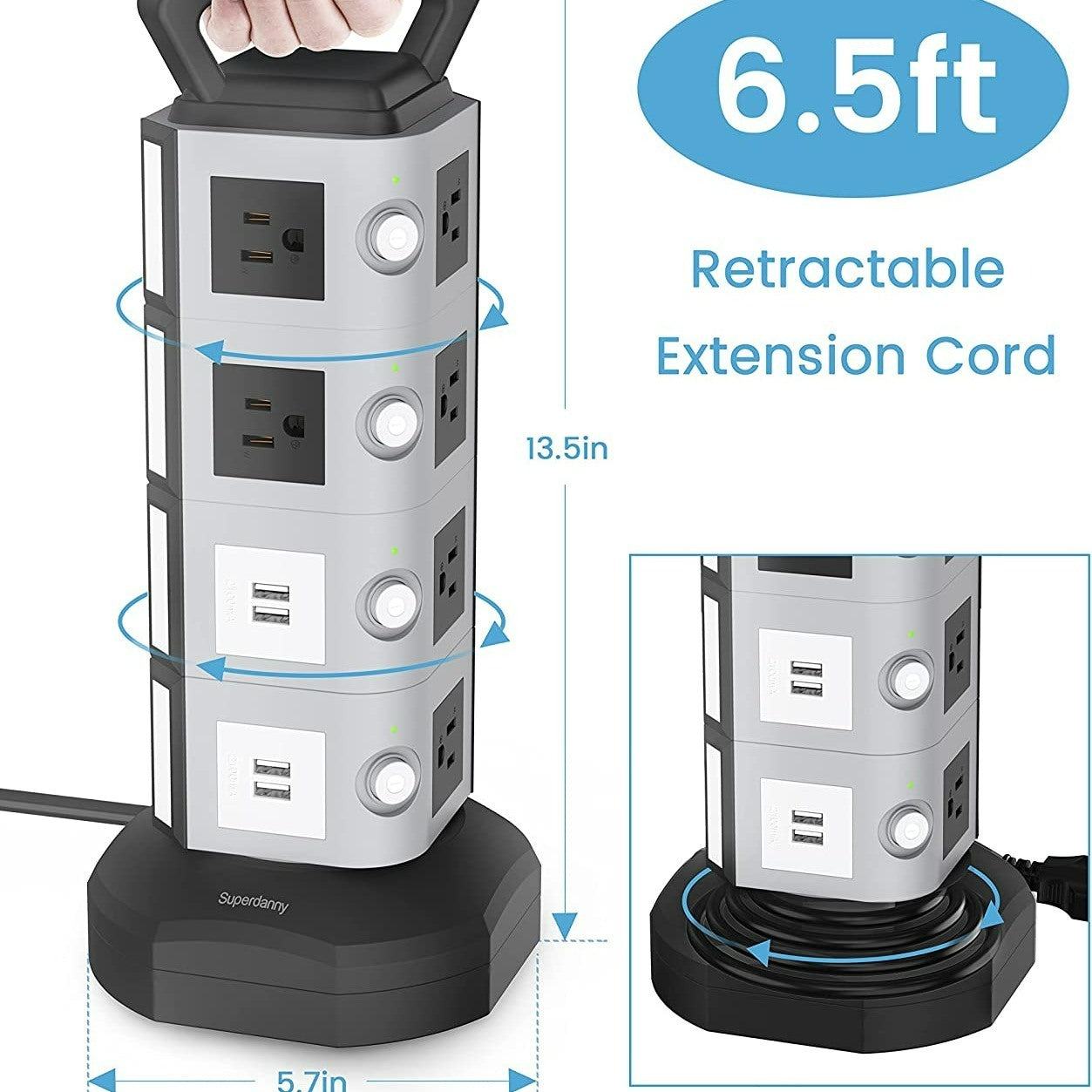 SUPERDANNY 13A 14 Outlet 4 USB Power Strip Tower 6.5FT Long---MDL: J-P-0109-T14A4U