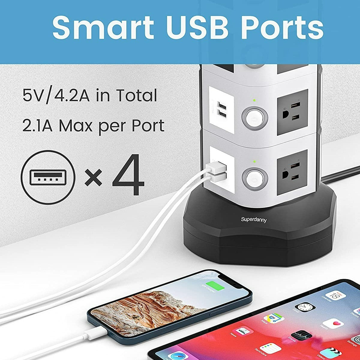 SUPERDANNY 13A 14 Outlet 4 USB Power Strip Tower 6.5FT Long---MDL: J-P-0109-T14A4U