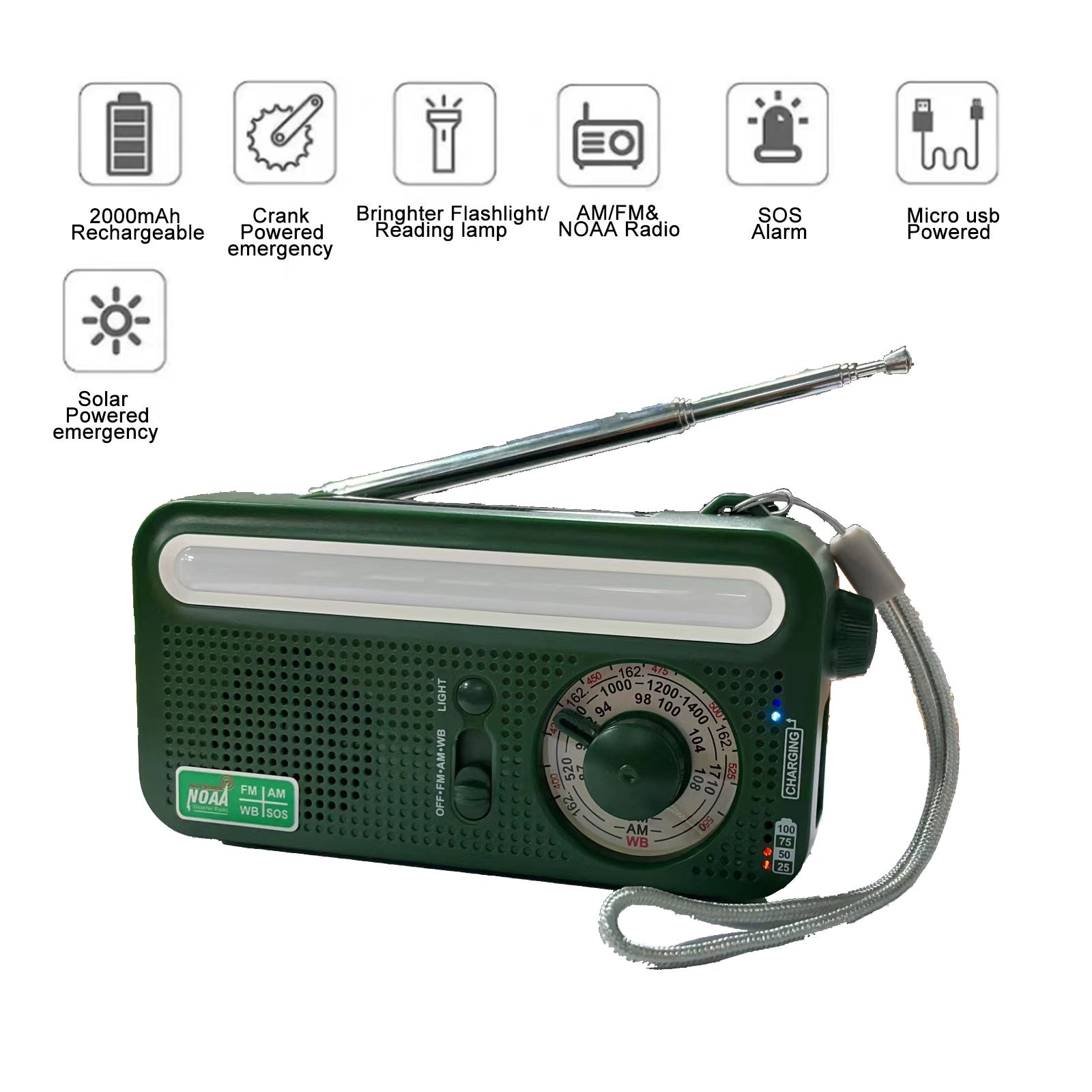 Emergency Radio Hand Crank Solar; Portable Weather Radio With AM/FM/WB/NOAA; Bright Flashlight; SOS Alarm; Reading Lamp; 2000mAh Cell Phone Charger For Outdoor Survival Camping Home