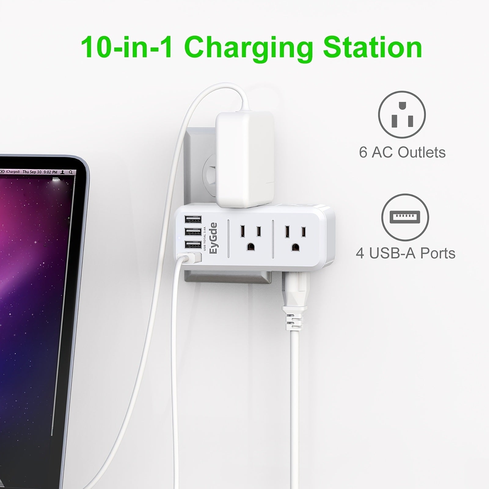 2-prong Power Strip With Surge Protector 1700J; Multi-plug Socket Extender With Swivel Plug; 6-wall Socket Distributor (3 Sides) With 4 USB Ports; For