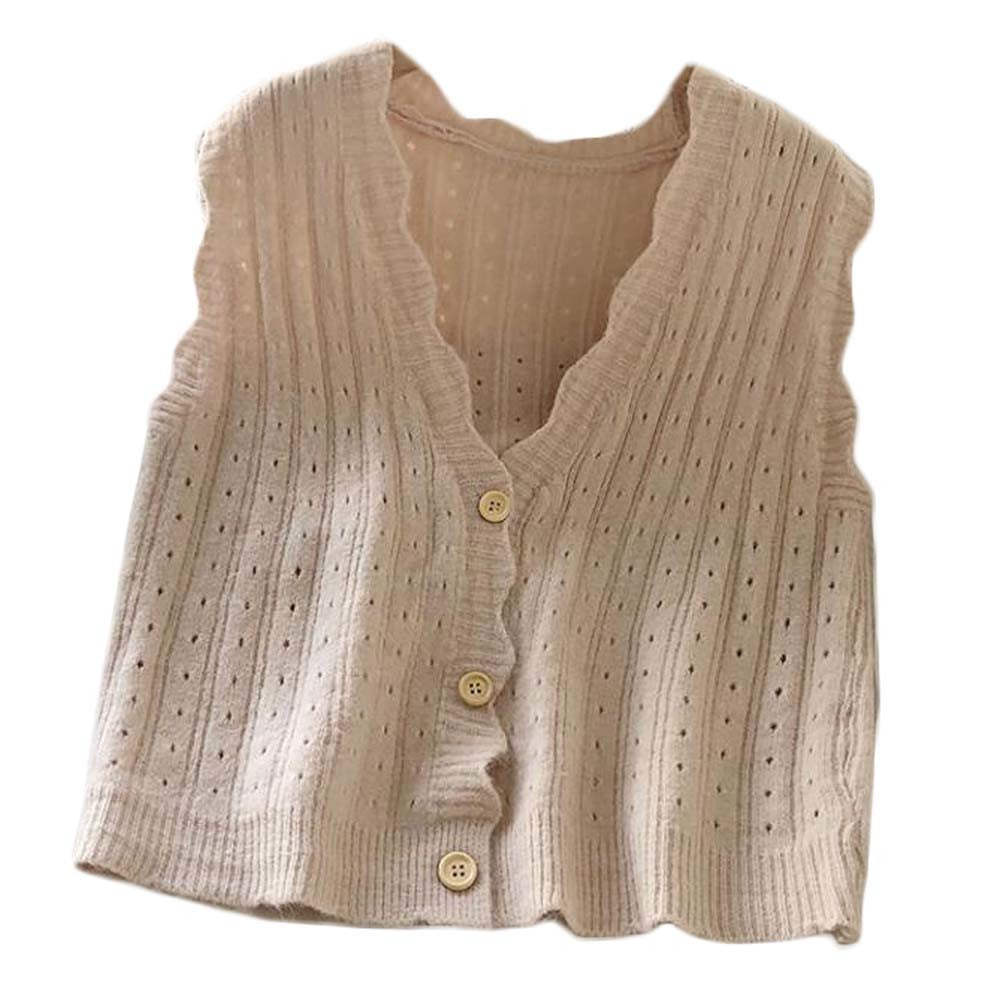 Women's Small Size Autumn Wavy Trim V-Neck Knit Vest Short Sleeveless Vest Coat Tank Top; Beige