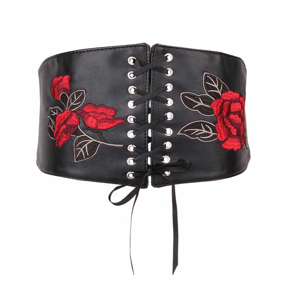 Waist Band Corset Belt Obi Belts Lace-up Wide Waistband Embroidery PU Belts