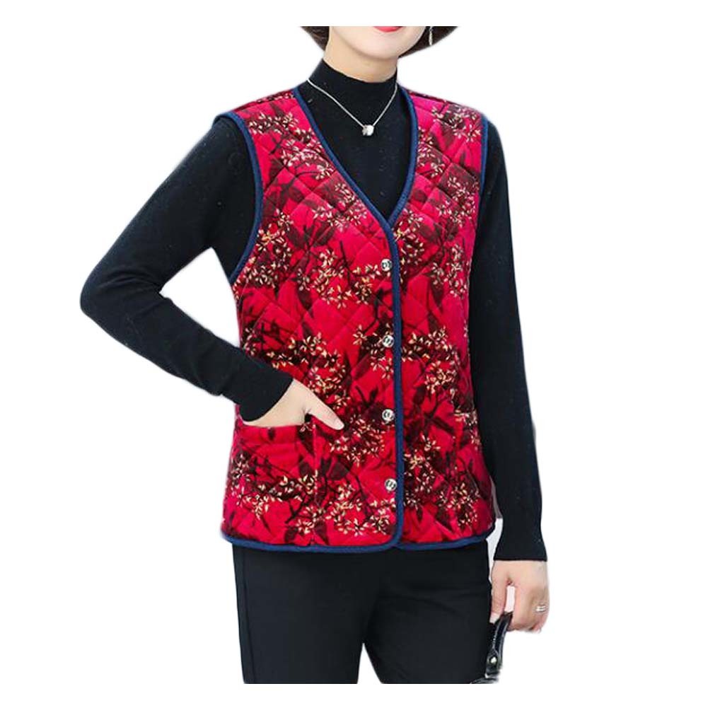 Red Floral Winter Warm Waistcoat Women's Padded Cotton Vest Innerwear Outerwear Sleeveless Jacket Tank Top