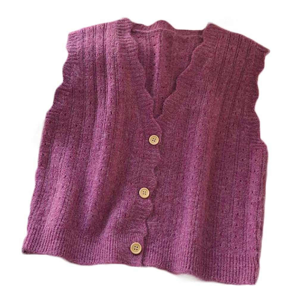 Women's Small Size Autumn Wavy Trim V-Neck Knit Vest Short Sleeveless Vest Coat Tank Top; Purple