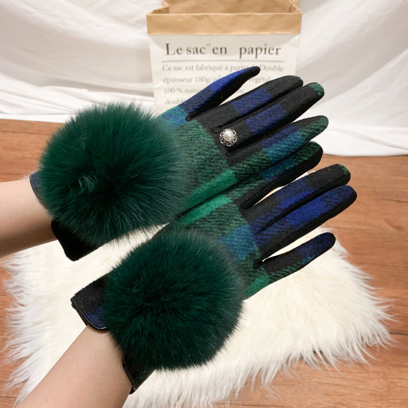 Women's Cashmere Gloves Ladies Touch Screen Furry Fox Fur Ball Plaid Wool Driving Glove Female Mittens