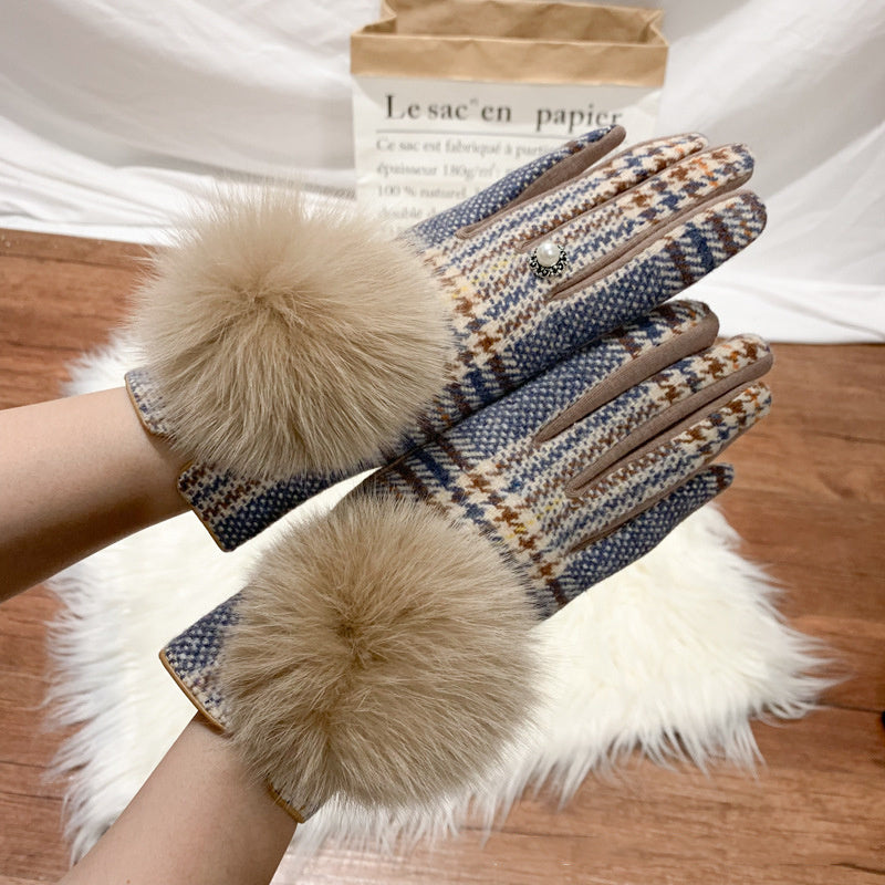 Women's Cashmere Gloves Ladies Touch Screen Furry Fox Fur Ball Plaid Wool Driving Glove Female Mittens