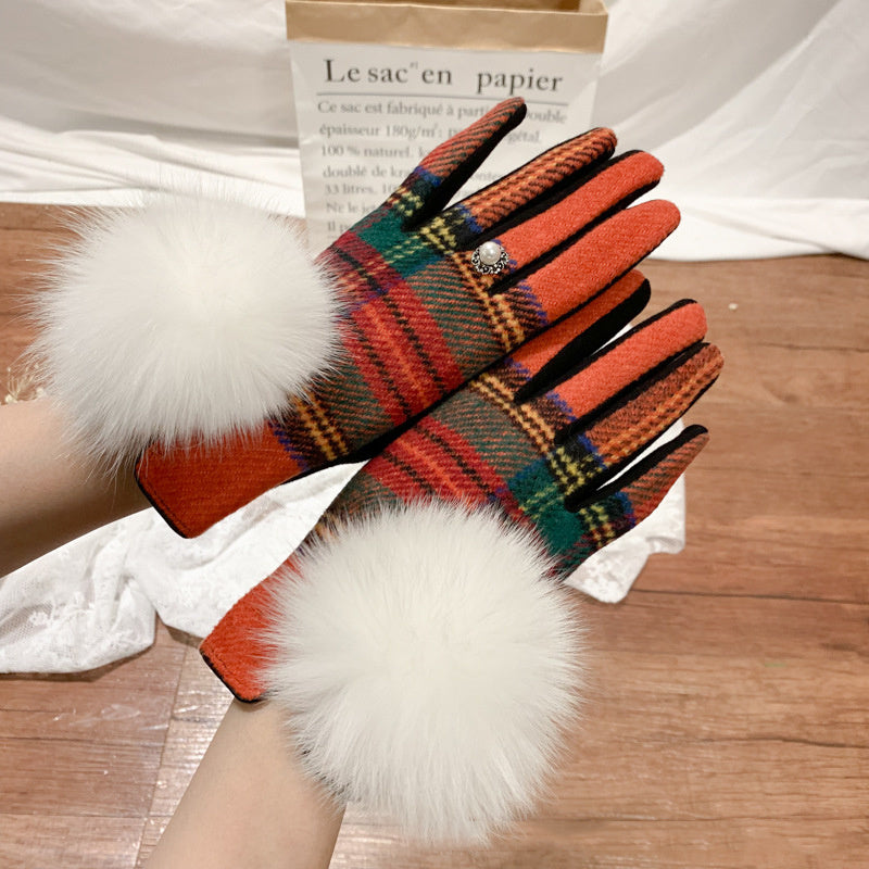 Women's Cashmere Gloves Ladies Touch Screen Furry Fox Fur Ball Plaid Wool Driving Glove Female Mittens