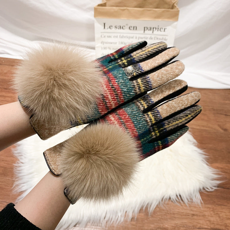 Women's Cashmere Gloves Ladies Touch Screen Furry Fox Fur Ball Plaid Wool Driving Glove Female Mittens