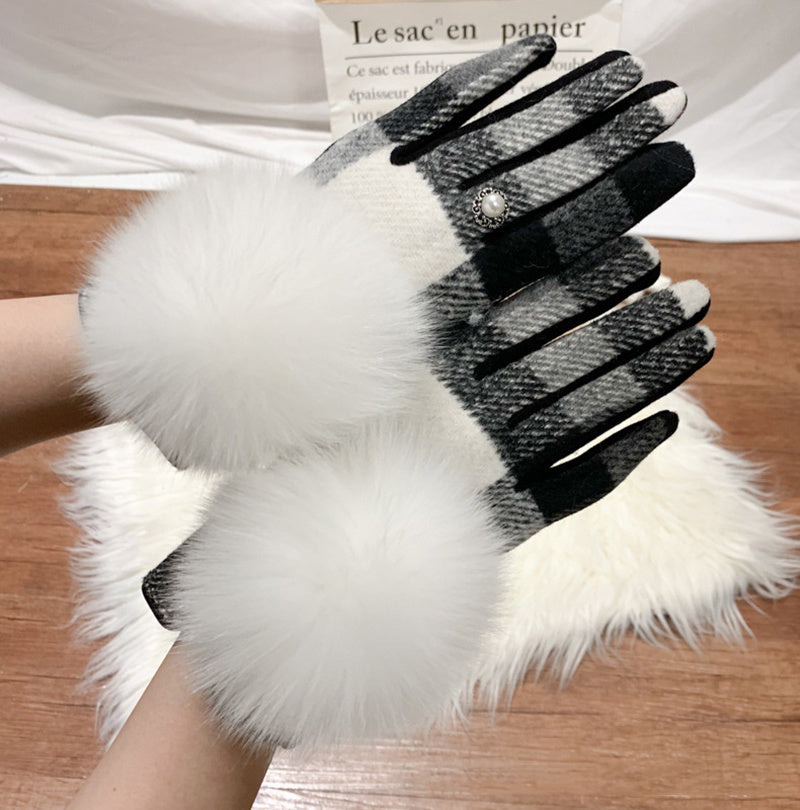 Women's Cashmere Gloves Ladies Touch Screen Furry Fox Fur Ball Plaid Wool Driving Glove Female Mittens