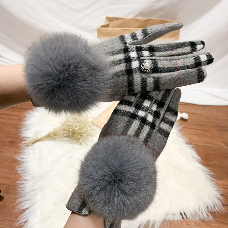 Women's Cashmere Gloves Ladies Touch Screen Furry Fox Fur Ball Plaid Wool Driving Glove Female Mittens