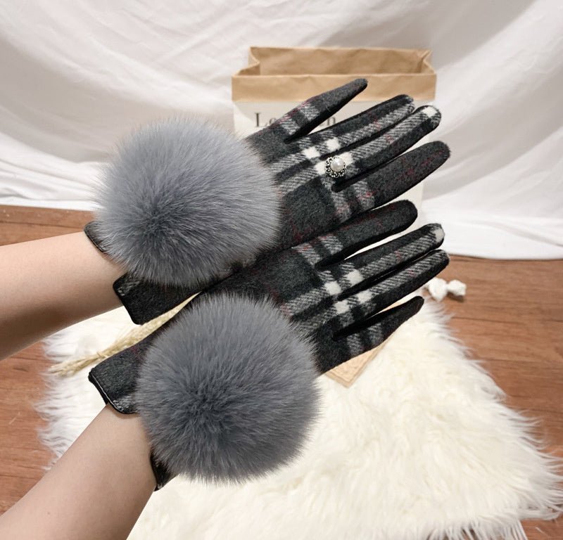 Women's Cashmere Gloves Ladies Touch Screen Furry Fox Fur Ball Plaid Wool Driving Glove Female Mittens