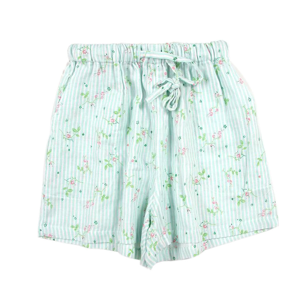 Womens Elastic Waistband Pajama Pants Striped Florals Loungewear Shorts - Green