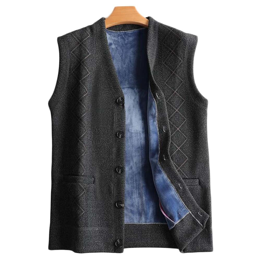 Men's V-Neck Autumn Vest Coat Winter Warm Vest Knitwear Fleece Lined Waistcoat Sleeveless Jacket; Dark Grey