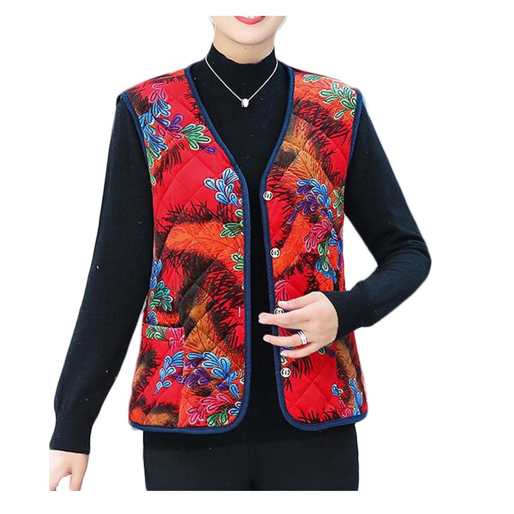 Floral Winter Warm Waistcoat Women's Padded Cotton Vest Innerwear Outerwear Sleeveless Jacket Tank Top; Red