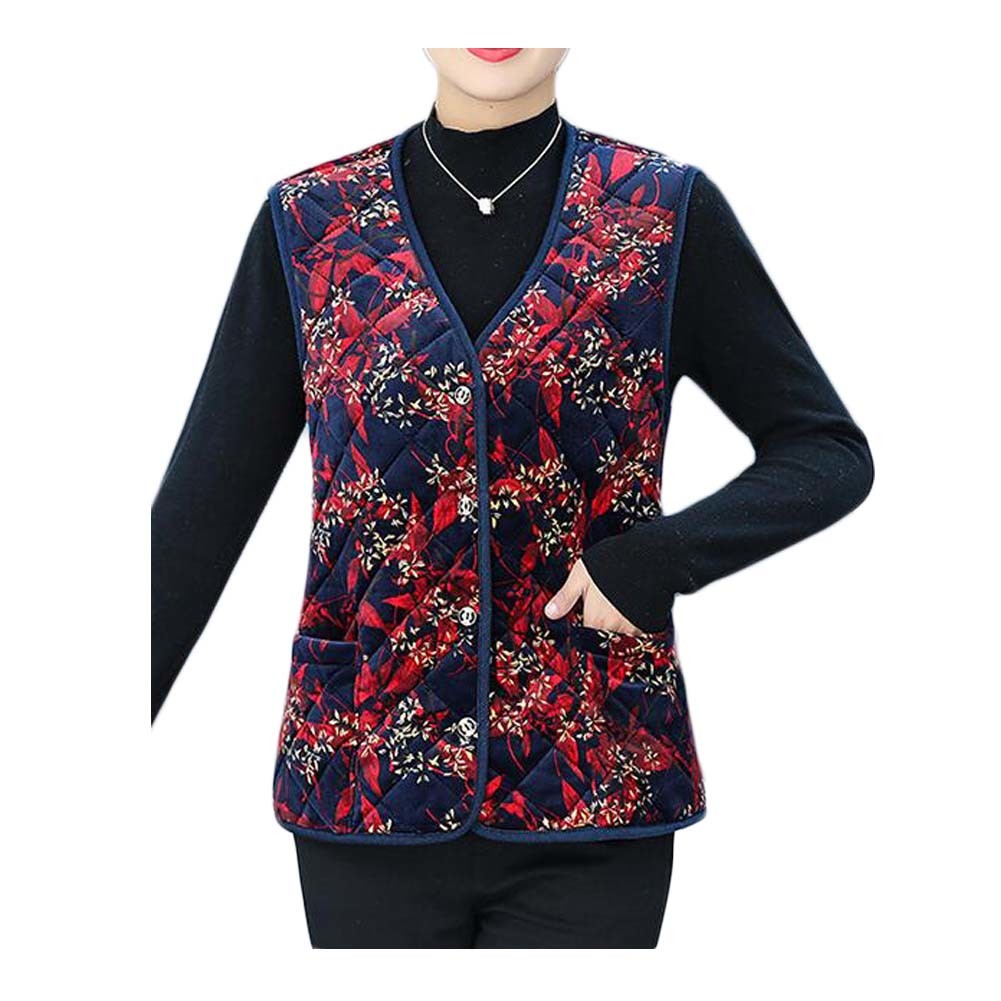 Dark Blue Floral Winter Warm Waistcoat Women's Padded Cotton Vest Innerwear Outerwear Sleeveless Jacket Tank Top