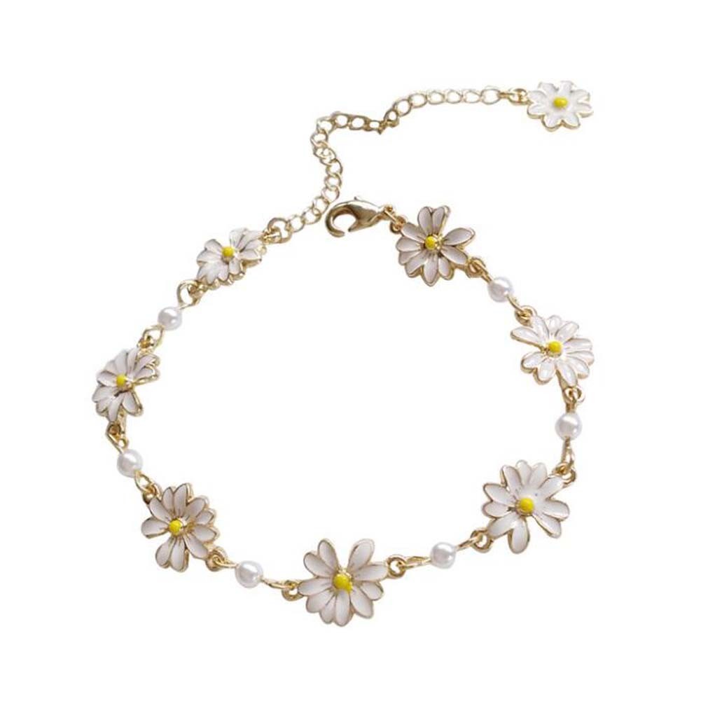 Women Gold Color Chain Bracelet White Daisy Flower Charm Bracelet Link Bracelet