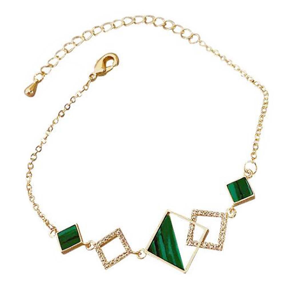 Electroplated Gold Color Chain Bracelet Geometric Rhinestone Charm Bracelet Link Bracelet for Women; Green