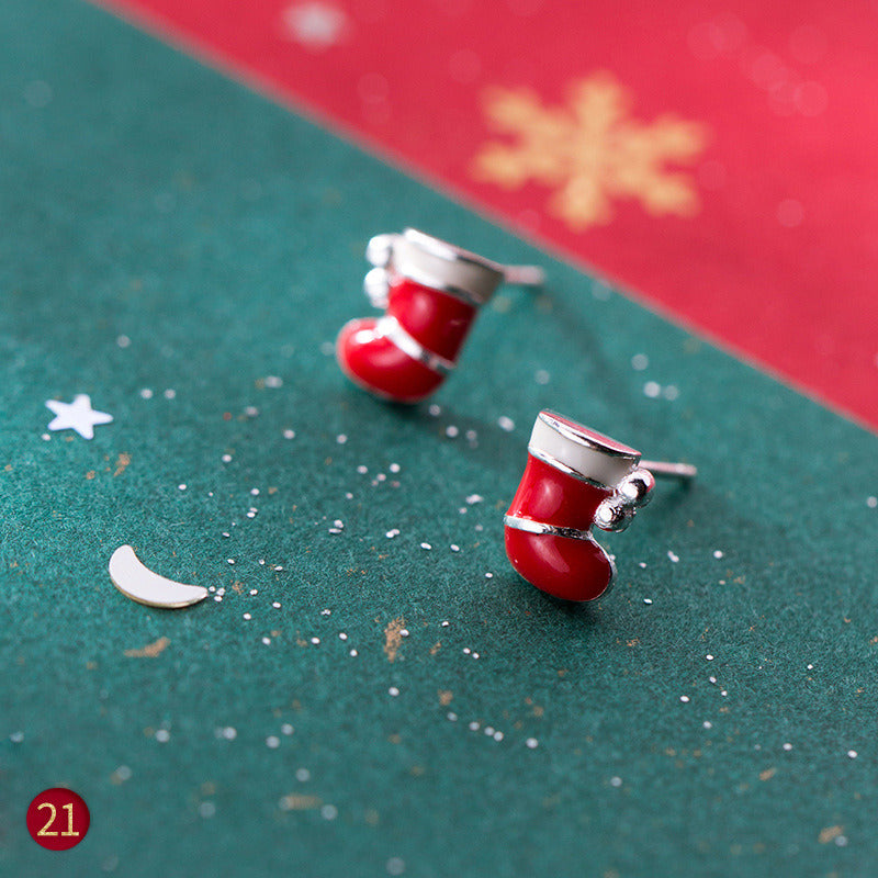 S925 Silver Christmas Earrings Female Korean Small Fresh Series Cute Red Christmas Sweet Ear Accessories Batch E4315