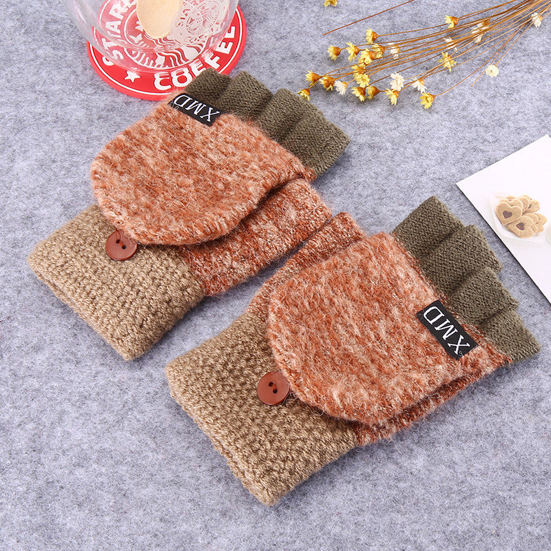 Winter Warm Thickening Wool Gloves Knitted Flip Fingerless Exposed Finger Thick Gloves Without Fingers Mittens Glove Women