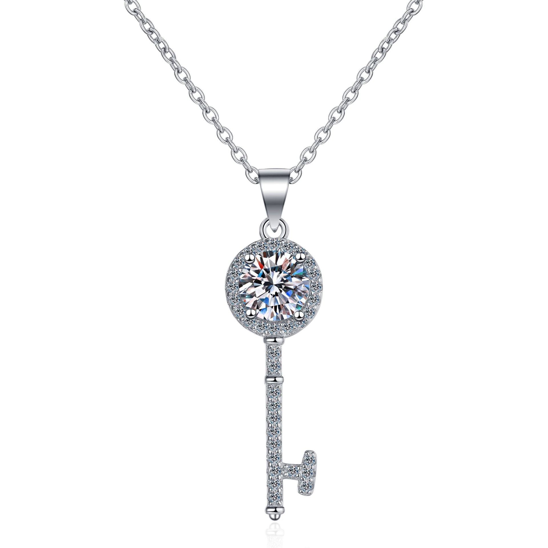 925 Sterling Silver Mosang Stone Necklace Female Korean Version Plated PT950 Gold Mosang Diamond Key Clavicle Chain Pendant Jewellery