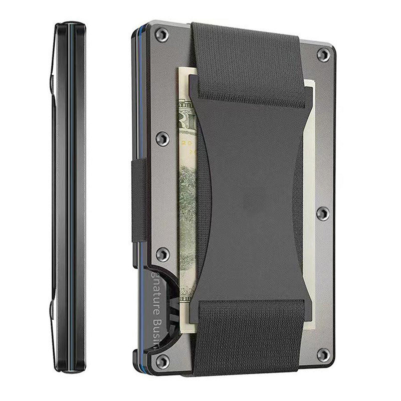 Minimalist Slim Wallet For Men - RFID Blocking Front Pocket Credit Card Holder - Aluminum Metal Small Mens Wallets with Cash Strap (Gunmetal)