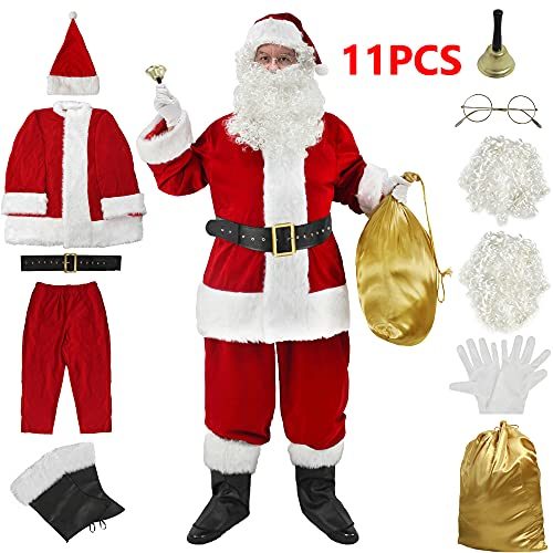 ABALAGU Men&#39;s Deluxe Santa Suit 11pc. Christmas Velvet Adult Santa Claus Costume