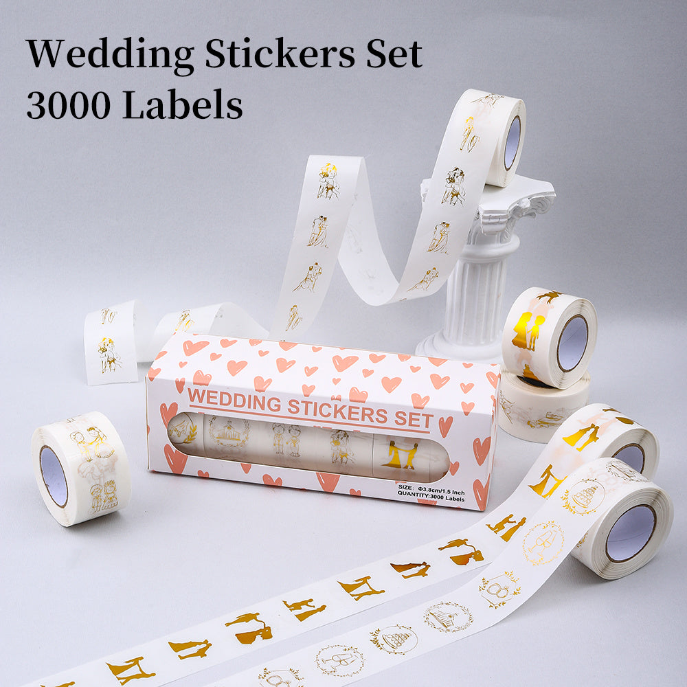 3000pcs/6 rolls Wedding Stickers Roll Set; 3.8cm Round Transparent PVC With Gold Stamping Stickers Lables for Gift Wrapping