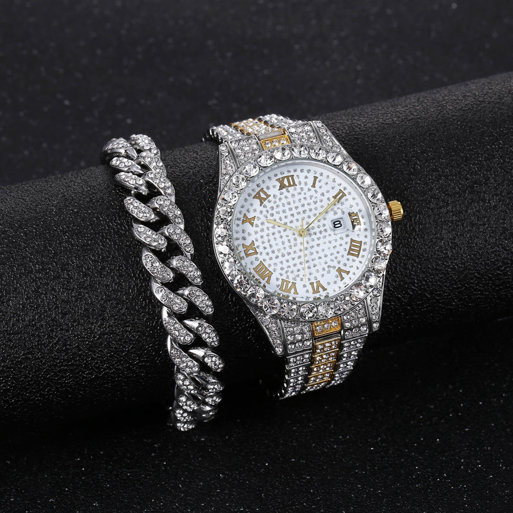 Punk hip hop watch set diamond-studded bracelet set Men's watch set A07582