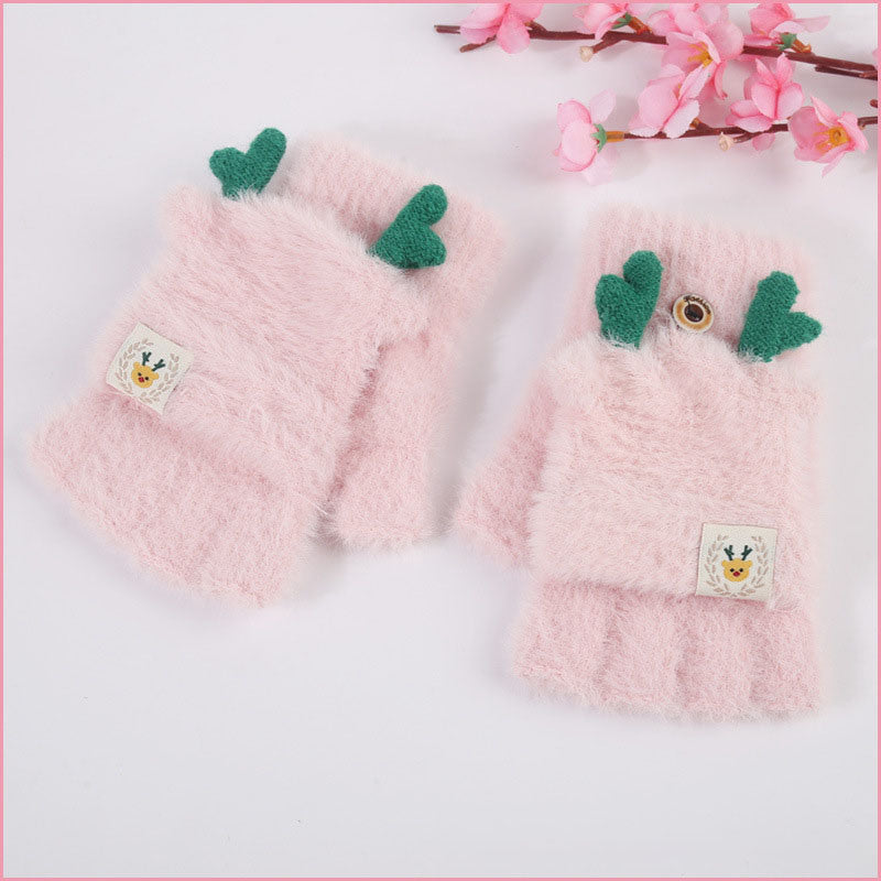 Bear Embroidery Soft Plush Gloves Women Winter Warm Thicken Fingerless Mittens Girls Students Outdoor Warmer Gifts Hand Guards