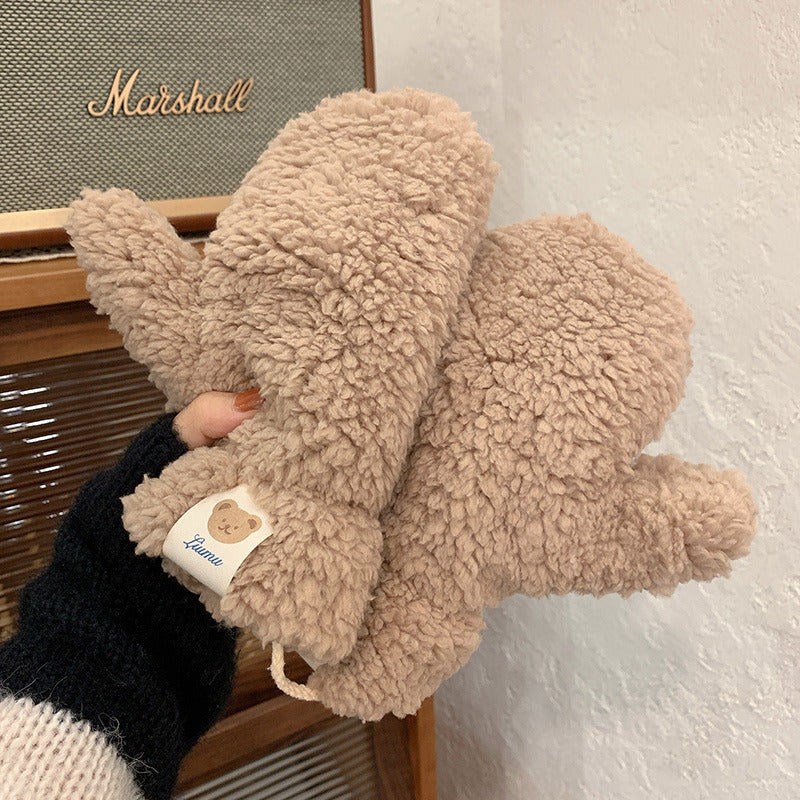 Bear Embroidery Soft Plush Gloves Women Winter Warm Thicken Fingerless Mittens Girls Students Outdoor Warmer Gifts Hand Guards