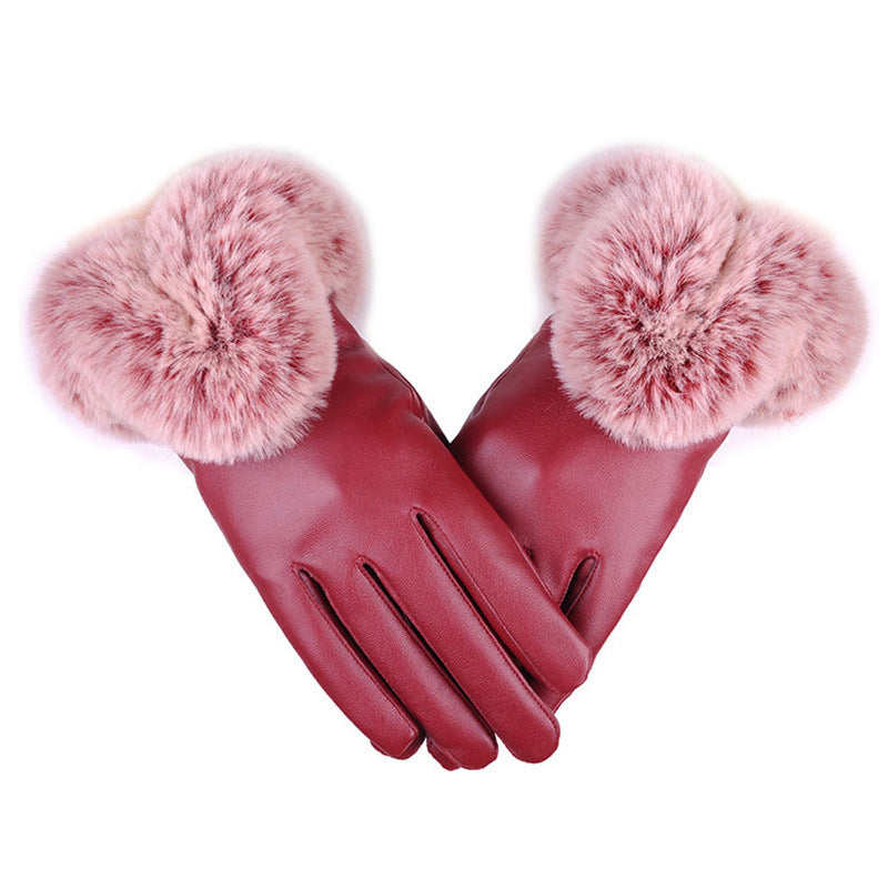 Women Winter Gloves Faux Rabbit PU Leather Touch Screen Mittens Lady Female Outdoor Driving Warm Gloves