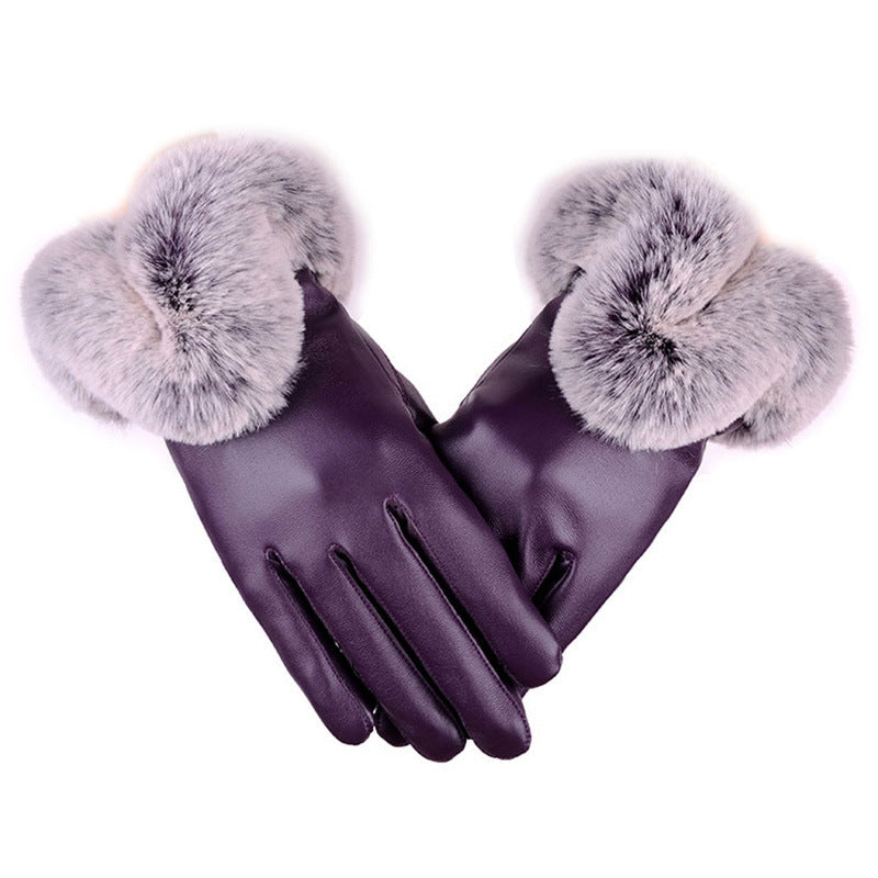 Women Winter Gloves Faux Rabbit PU Leather Touch Screen Mittens Lady Female Outdoor Driving Warm Gloves