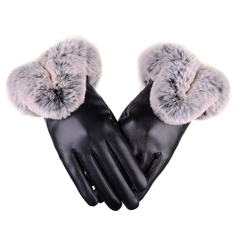 Women Winter Gloves Faux Rabbit PU Leather Touch Screen Mittens Lady Female Outdoor Driving Warm Gloves