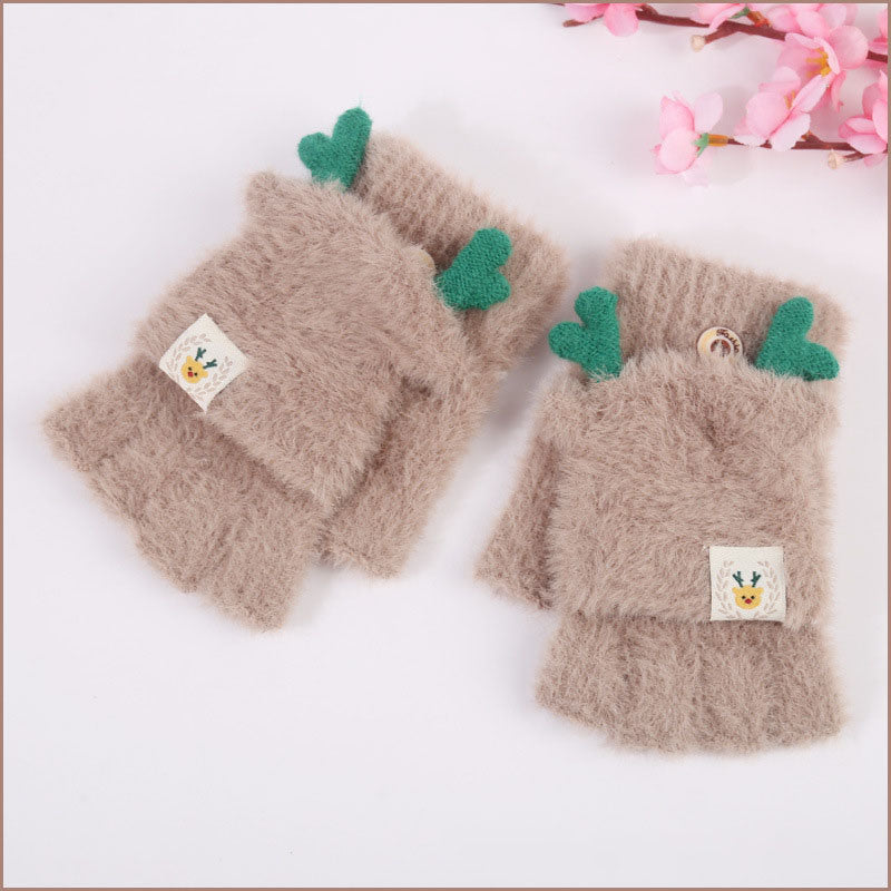 Bear Embroidery Soft Plush Gloves Women Winter Warm Thicken Fingerless Mittens Girls Students Outdoor Warmer Gifts Hand Guards