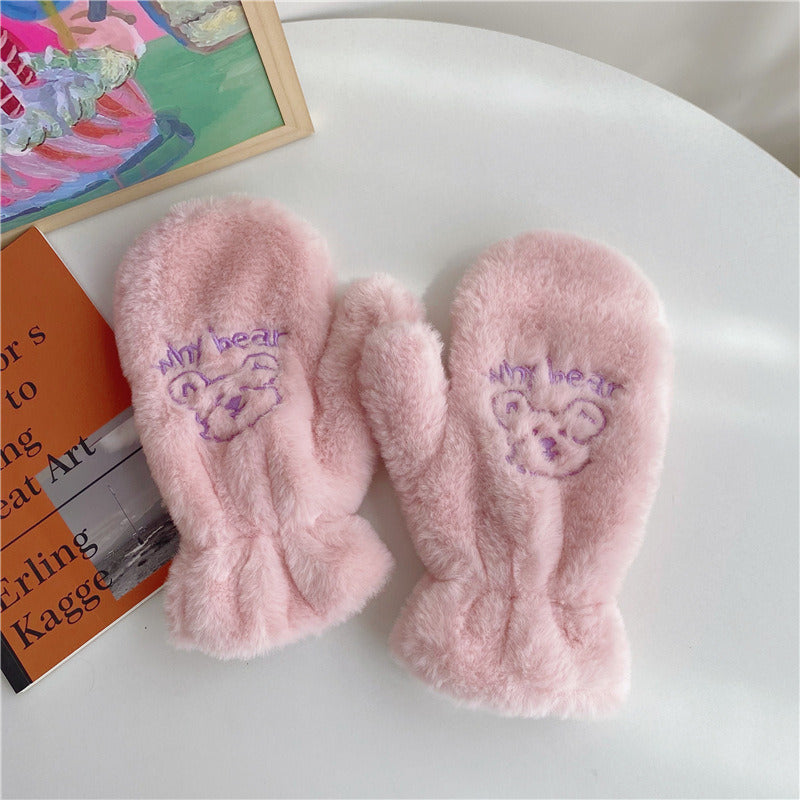 Bear Embroidery Soft Plush Gloves Women Winter Warm Thicken Fingerless Mittens Girls Students Outdoor Warmer Gifts Hand Guards