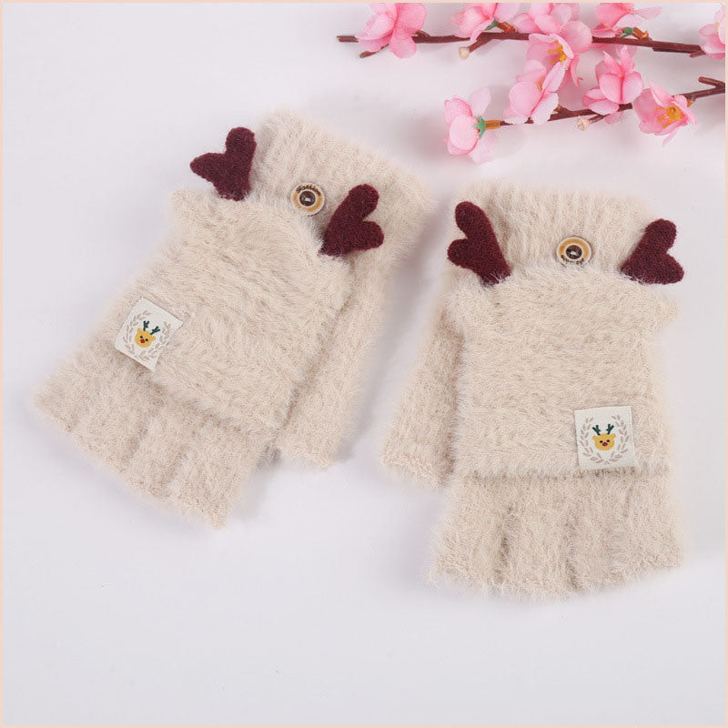 Bear Embroidery Soft Plush Gloves Women Winter Warm Thicken Fingerless Mittens Girls Students Outdoor Warmer Gifts Hand Guards