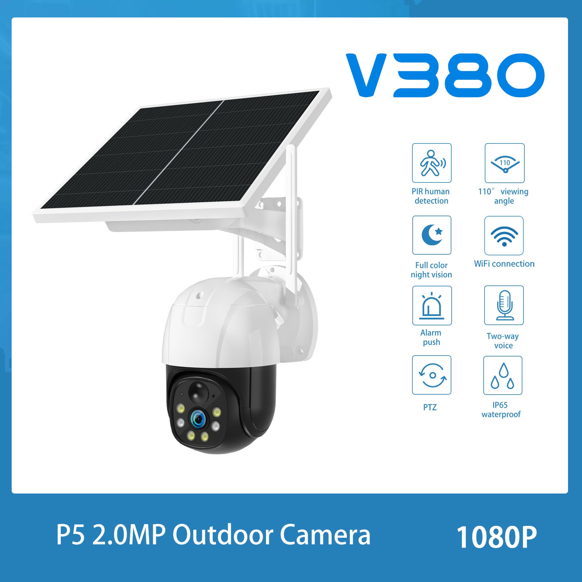 V380 P5 WiFi IP65 Waterproof Camera Outdoor Low Power Solar Ball Wireless Camera; 1080P HD IP Security Camera With Auto Tracking IR Night Vision Without TF/SD Card