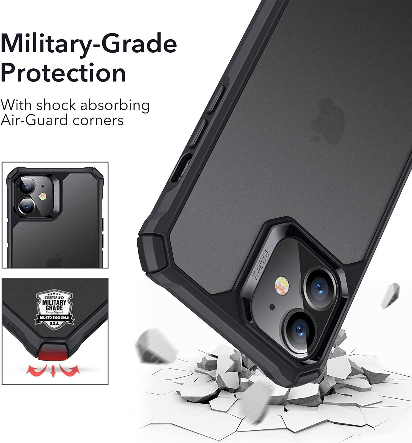 ESR Air Armor Compatible with iPhone 12 Mini Case [Military-Grade Drop Protection] [Shock-Absorbing Corners] [Anti-Yellowing Hard Back] [Scratch Resistant] [Flexible Frame] 5.4";  Frosted Black