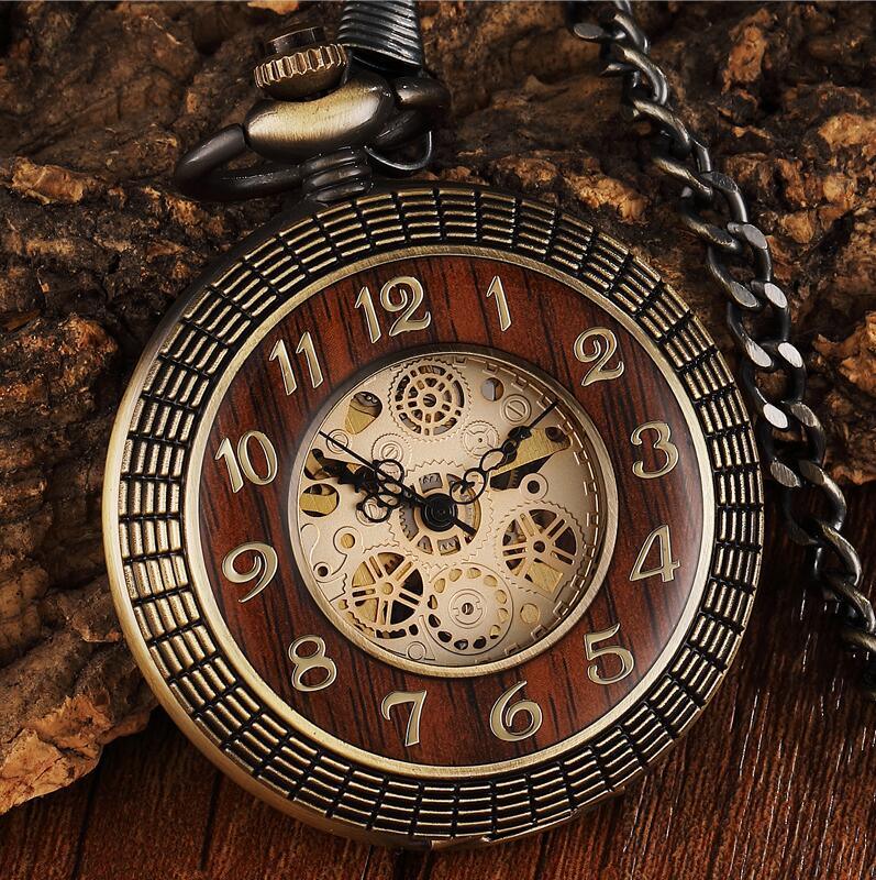 Solid Wood Mechanical Pocket Watch FOB Chain Locket Dial Hollow Steampunk Skeleton Men Women Mens Male Clock Watches Box Package