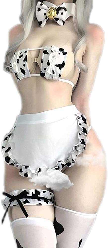 Womens Anime Cow Cosplay Bikini Lolita Kawaii Bra and Panty Set Japanese Underwear White Stocking