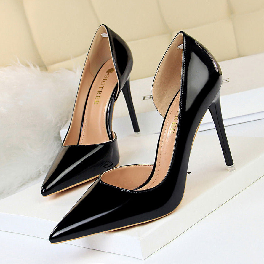 Women Pumps; High-heeled shoes; simple stilettos; metal wind high-heeled shoes; pointed; hollow sides; sexy women's shoes.