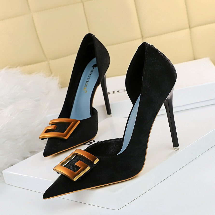 Women's Pumps; Sexy high heels; stiletto pointed hollow square metal buckle high heels; Fashional shoes